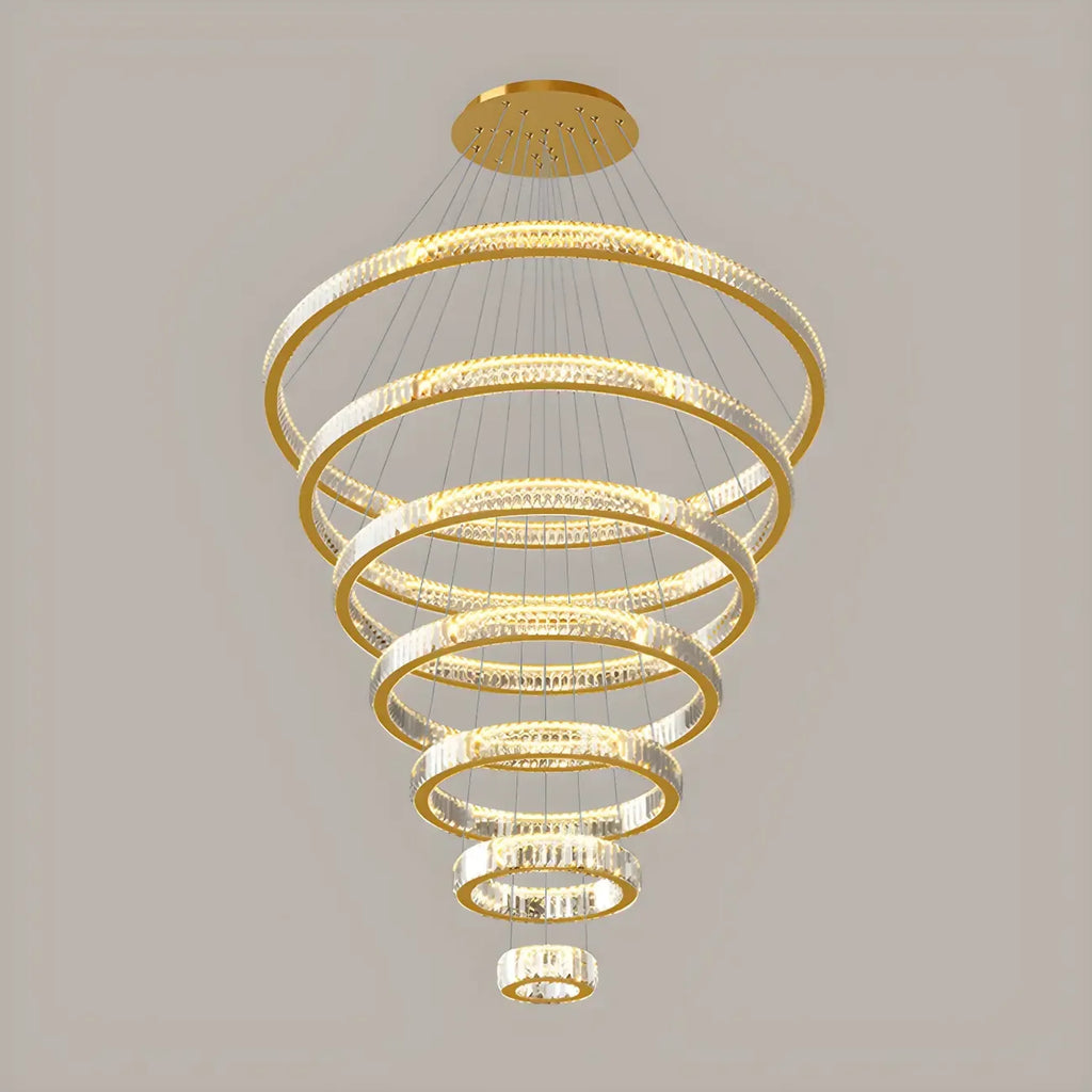 Lustre moderne à plusieurs niveaux en cristal et anneaux en spirale dorée, télécommande LED