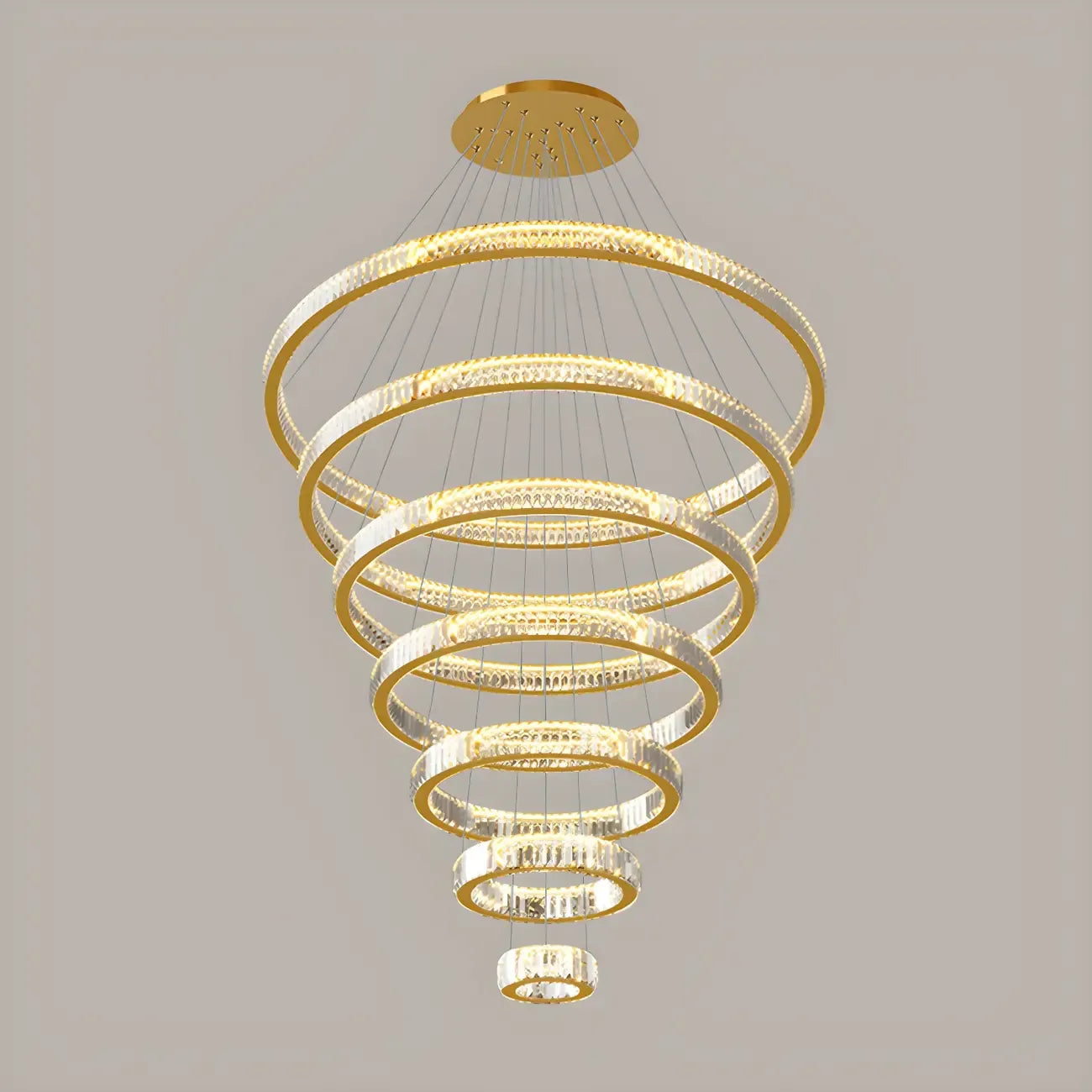 Lustre moderne à plusieurs niveaux en cristal et anneaux en spirale dorée, télécommande LED