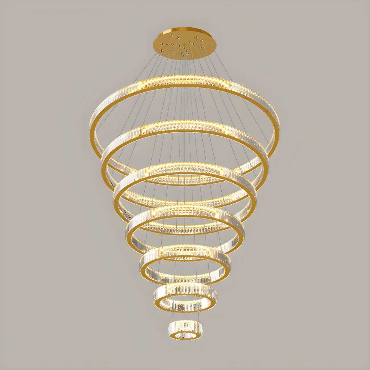 Lustre moderne à plusieurs niveaux en cristal et anneaux en spirale dorée, télécommande LED