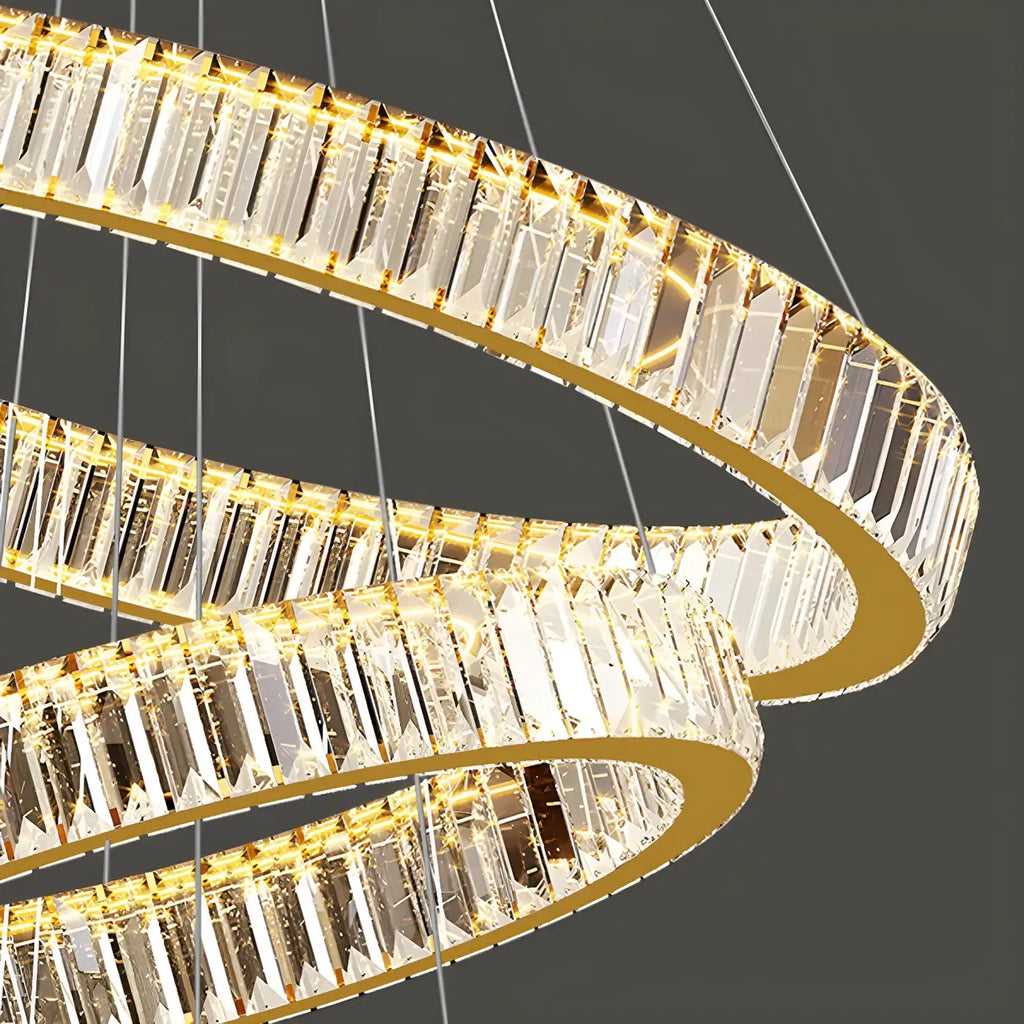 Lustre moderne à plusieurs niveaux en cristal et anneaux en spirale dorée, télécommande LED