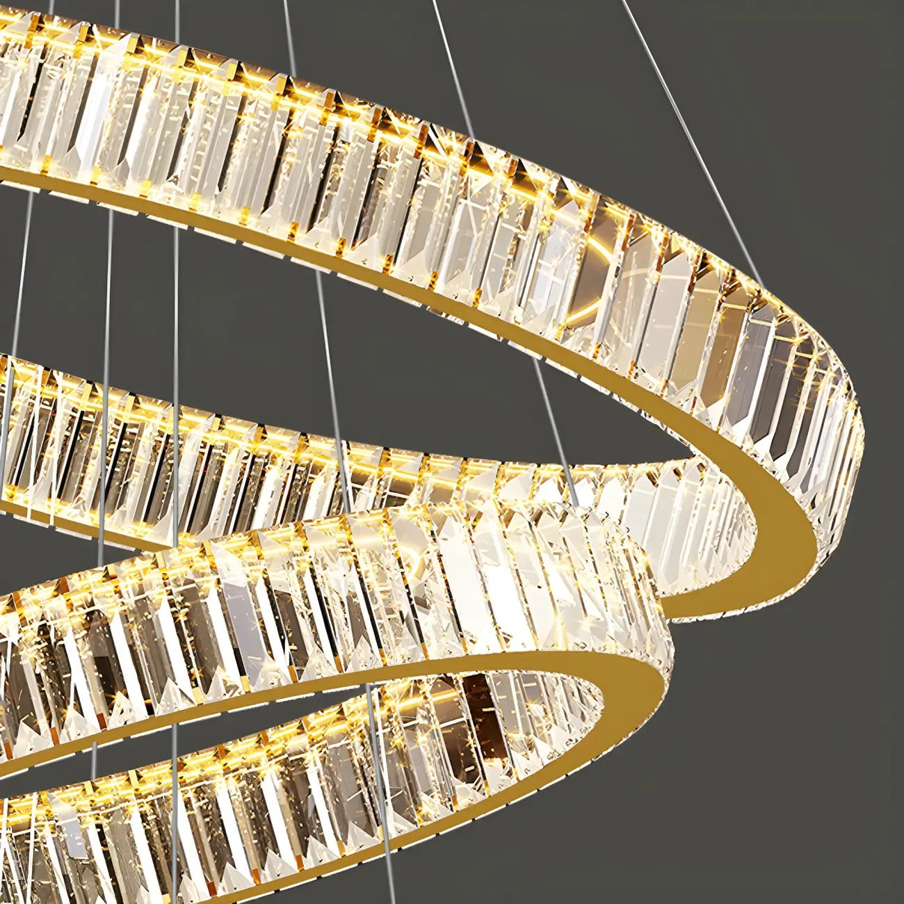 Lustre moderne à plusieurs niveaux en cristal et anneaux en spirale dorée, télécommande LED