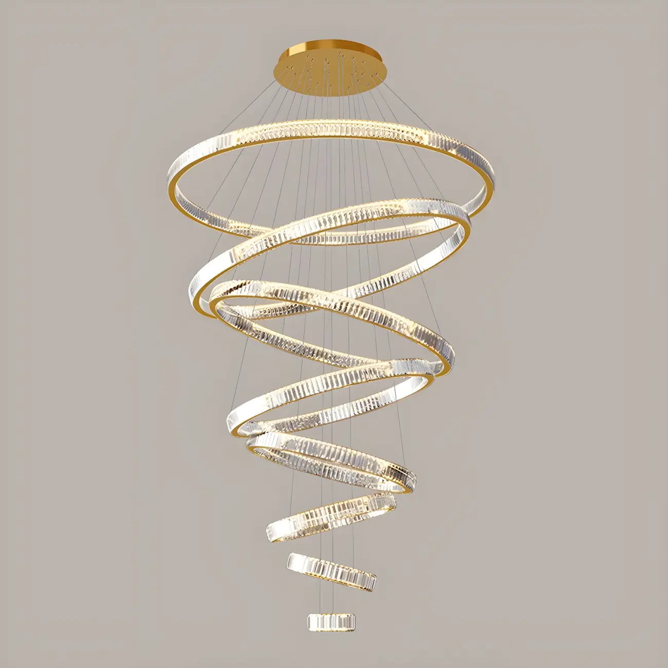 Lustre moderne à plusieurs niveaux en cristal et anneaux en spirale dorée, télécommande LED