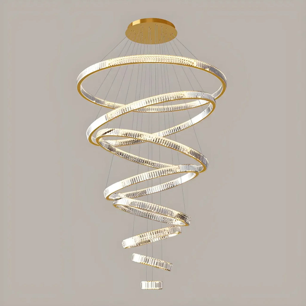 Lustre moderne à plusieurs niveaux en cristal et anneaux en spirale dorée, télécommande LED