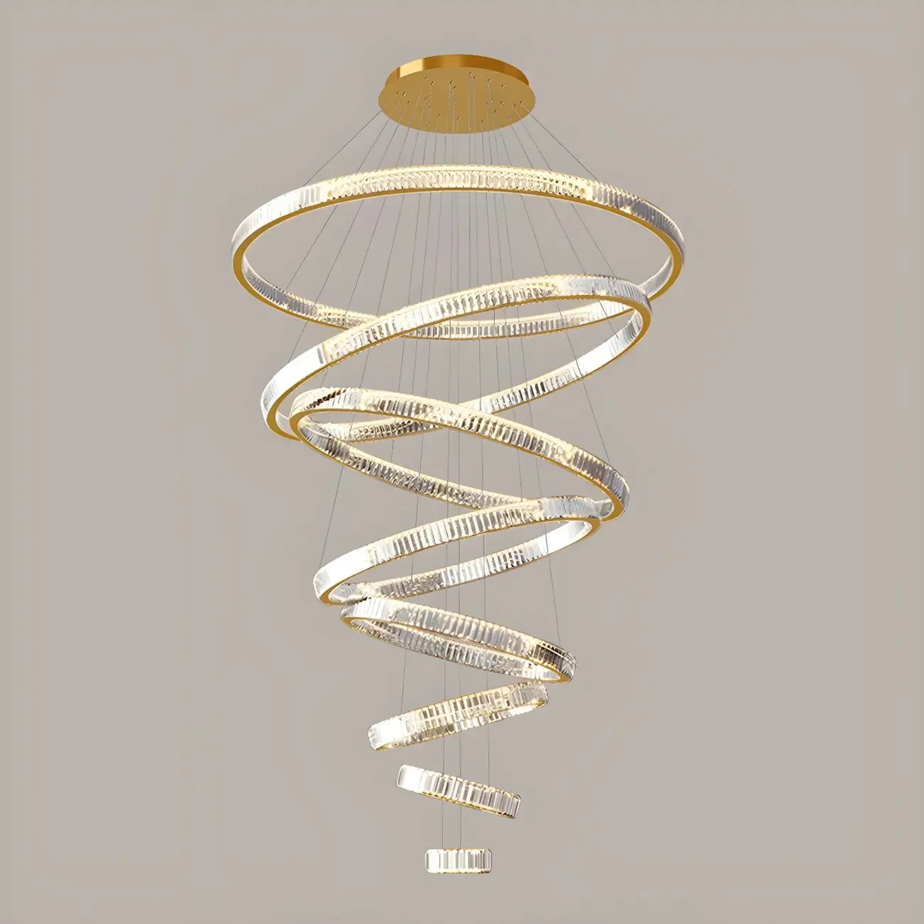 Lustre moderne à plusieurs niveaux en cristal et anneaux en spirale dorée, télécommande LED