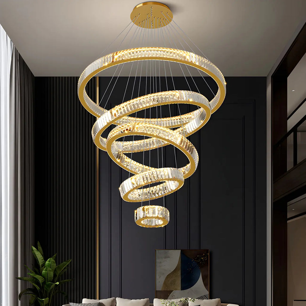 Lustre moderne à plusieurs niveaux en cristal et anneaux en spirale dorée, télécommande LED