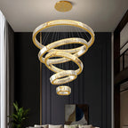 Lustre moderne à plusieurs niveaux en cristal et anneaux en spirale dorée, télécommande LED