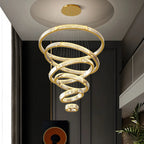 Lustre moderne à plusieurs niveaux en cristal et anneaux en spirale dorée, télécommande LED
