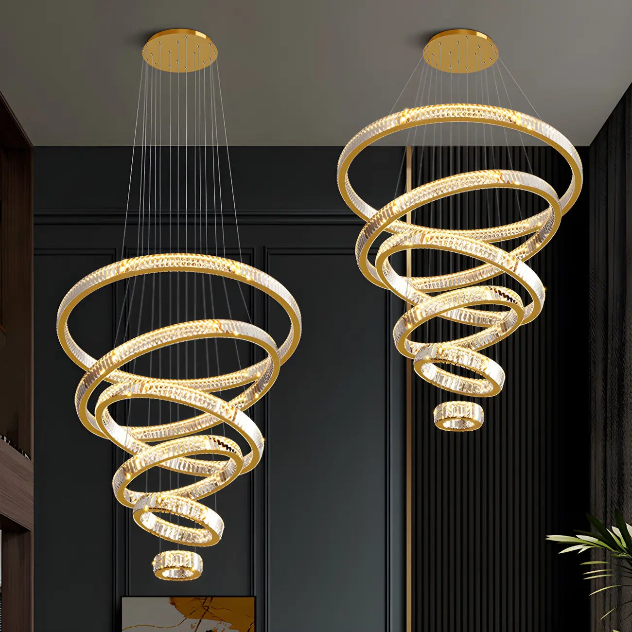 Lustre moderne à plusieurs niveaux en cristal et anneaux en spirale dorée, télécommande LED