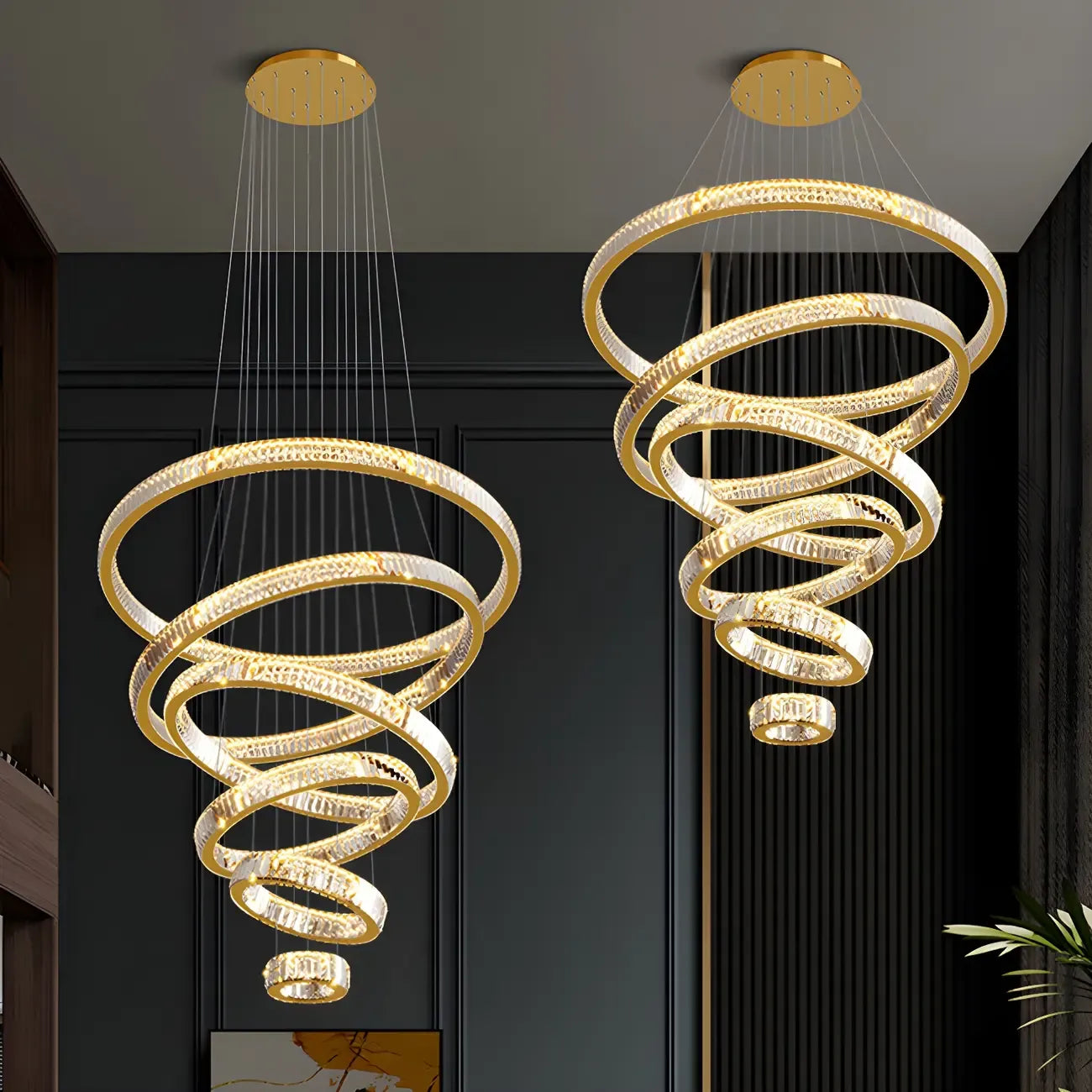 Lustre moderne à plusieurs niveaux en cristal et anneaux en spirale dorée, télécommande LED