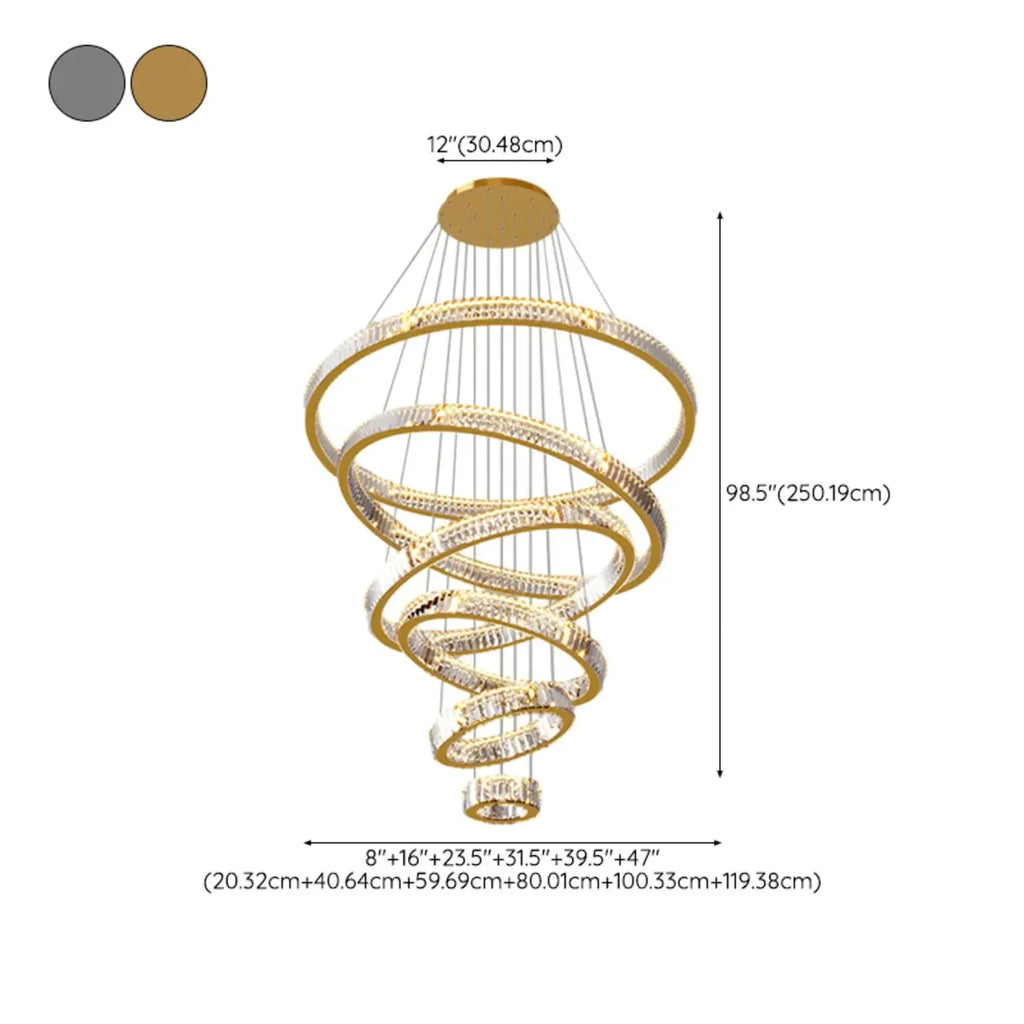 Lustre moderne à plusieurs niveaux en cristal et anneaux en spirale dorée, télécommande LED