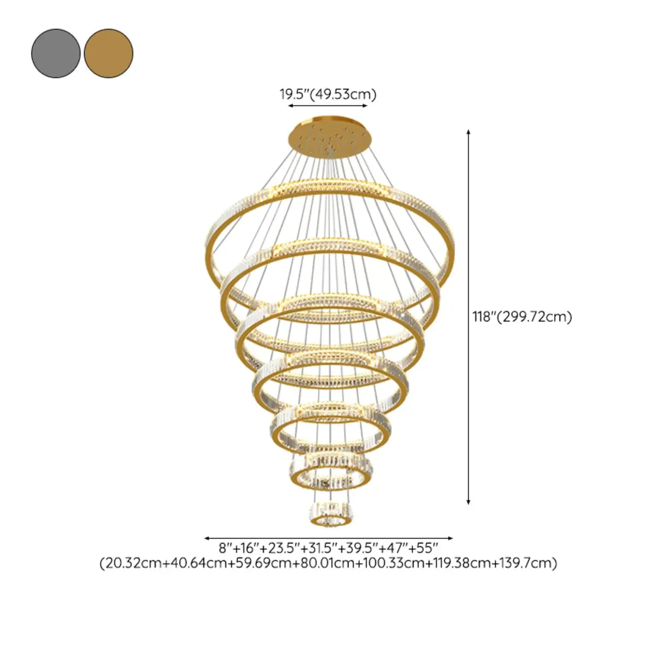 Lustre moderne à plusieurs niveaux en cristal et anneaux en spirale dorée, télécommande LED