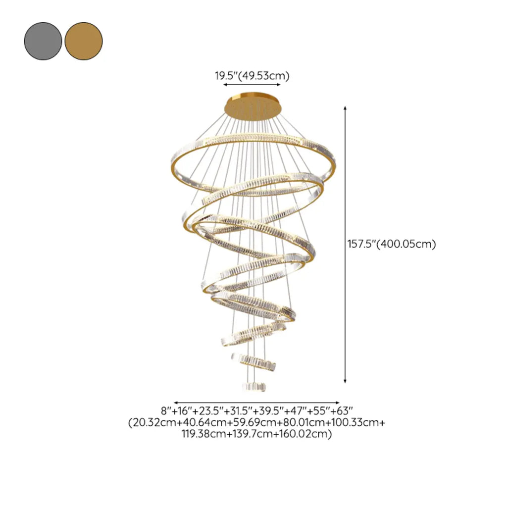 Lustre moderne à plusieurs niveaux en cristal et anneaux en spirale dorée, télécommande LED