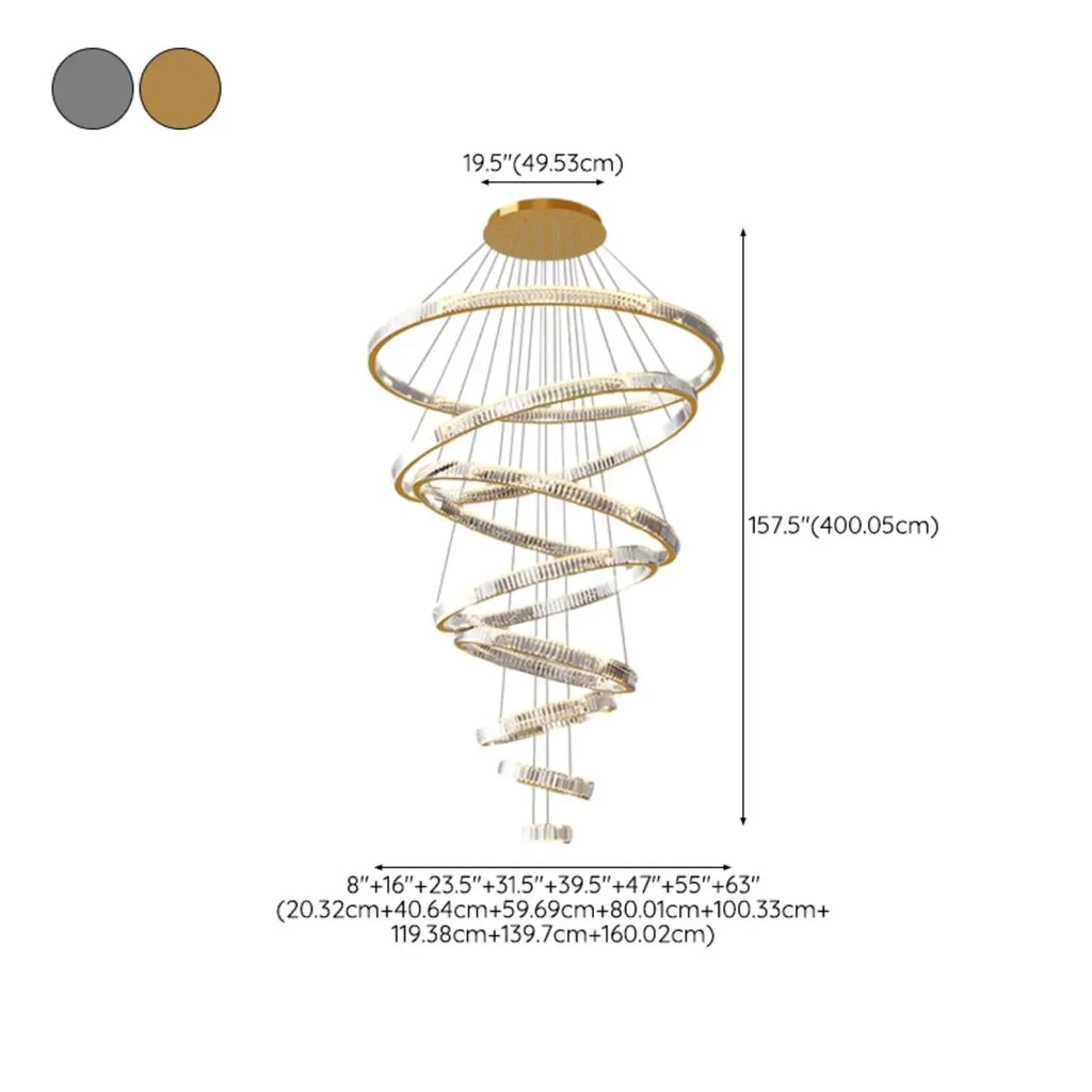 Lustre moderne à plusieurs niveaux en cristal et anneaux en spirale dorée, télécommande LED