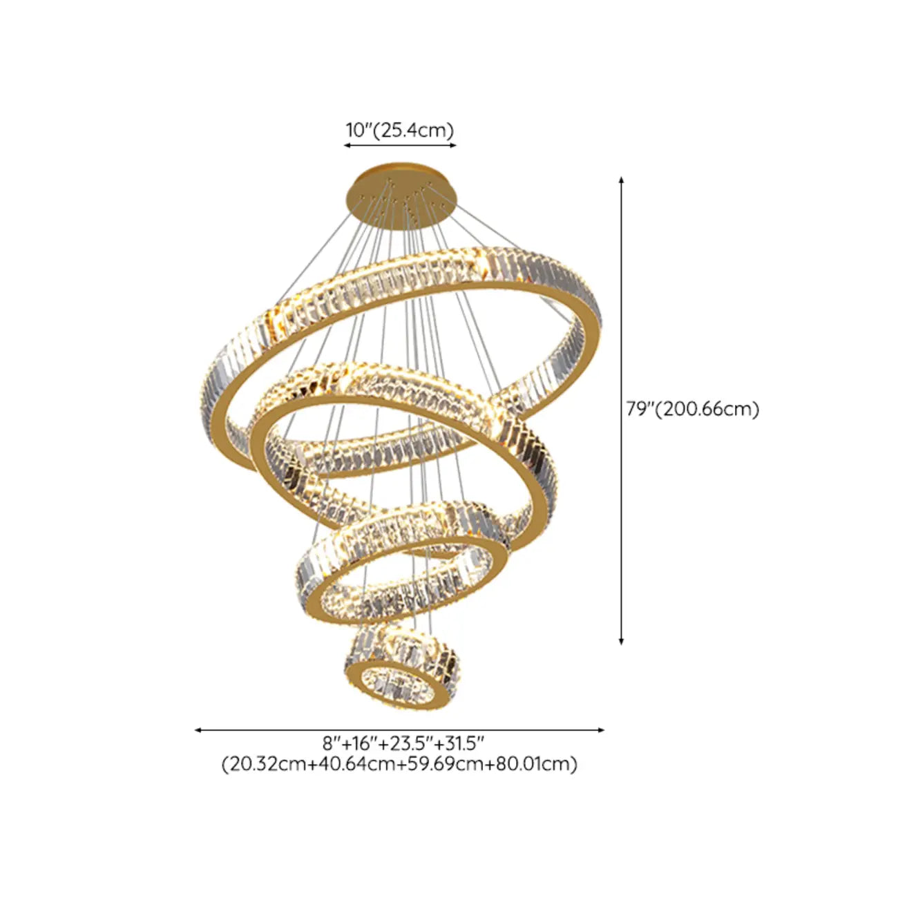 Lustre moderne à plusieurs niveaux en cristal et anneaux en spirale dorée, télécommande LED