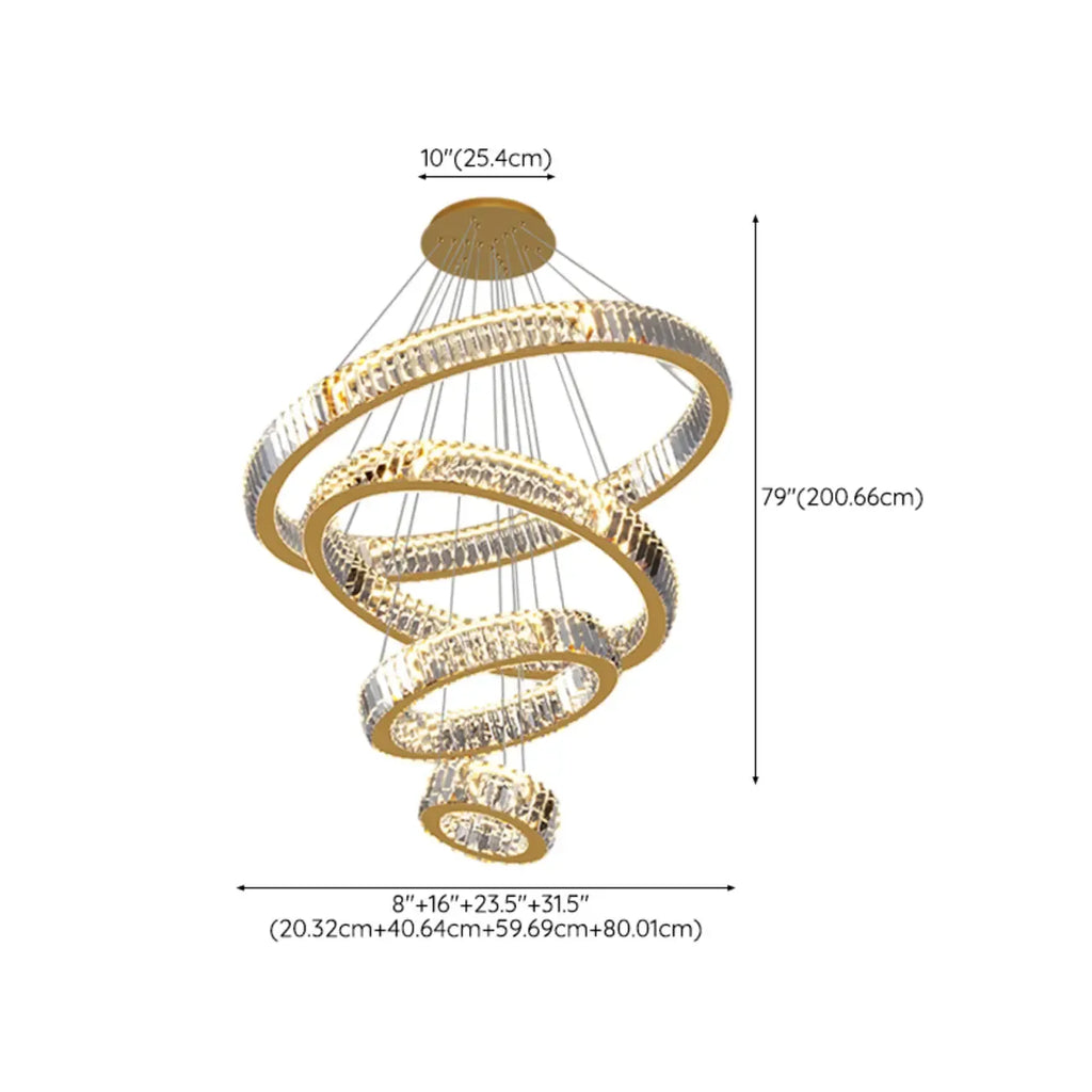 Lustre moderne à plusieurs niveaux en cristal et anneaux en spirale dorée, télécommande LED