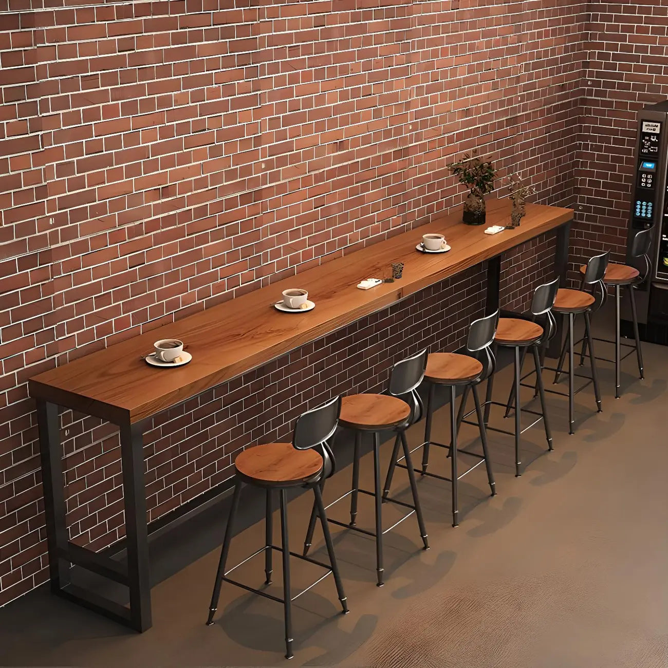 Table de bar rectangulaire en pin brun avec piètement en acier