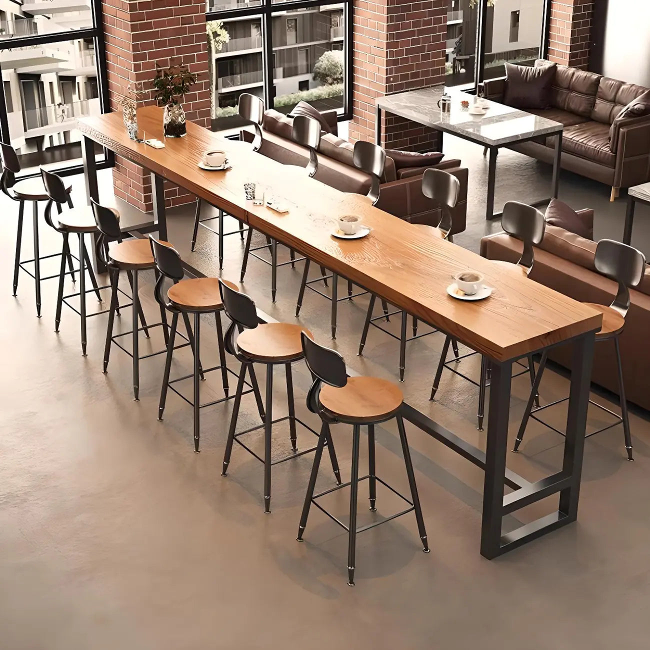 Table de bar rectangulaire en pin brun avec piètement en acier