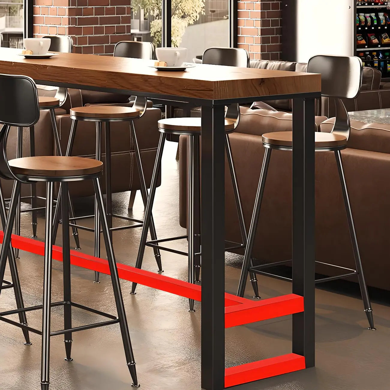 Table de bar rectangulaire en pin brun avec piètement en acier