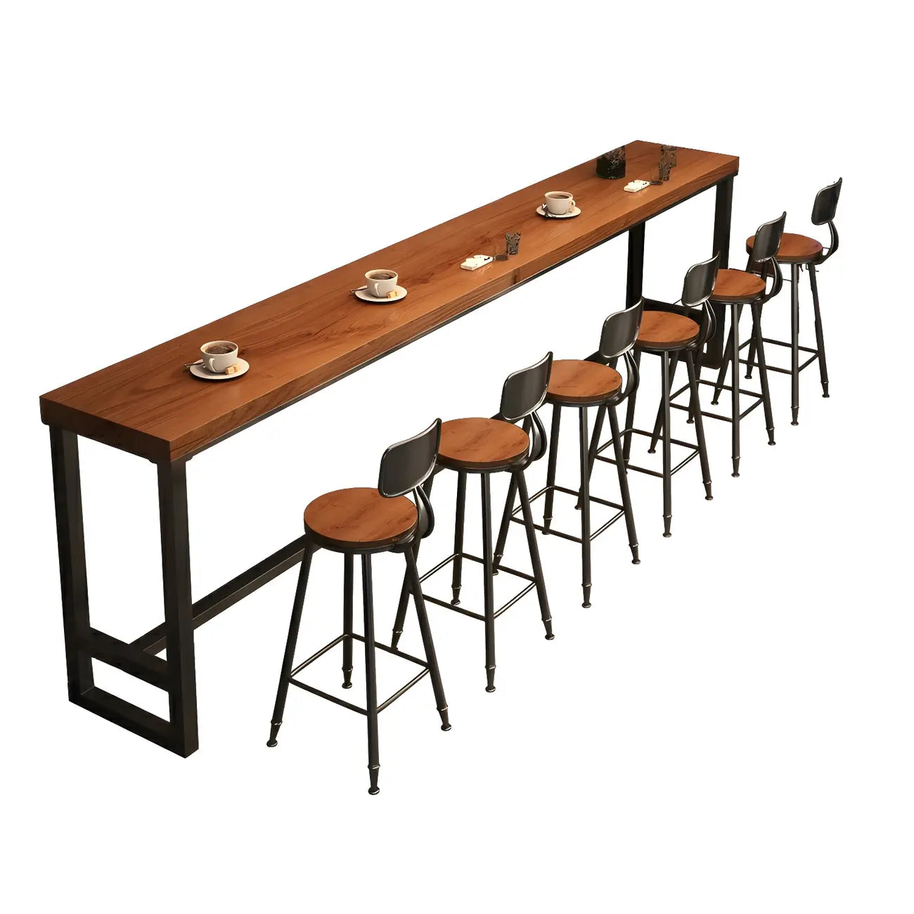 Table de bar rectangulaire en pin brun avec piètement en acier