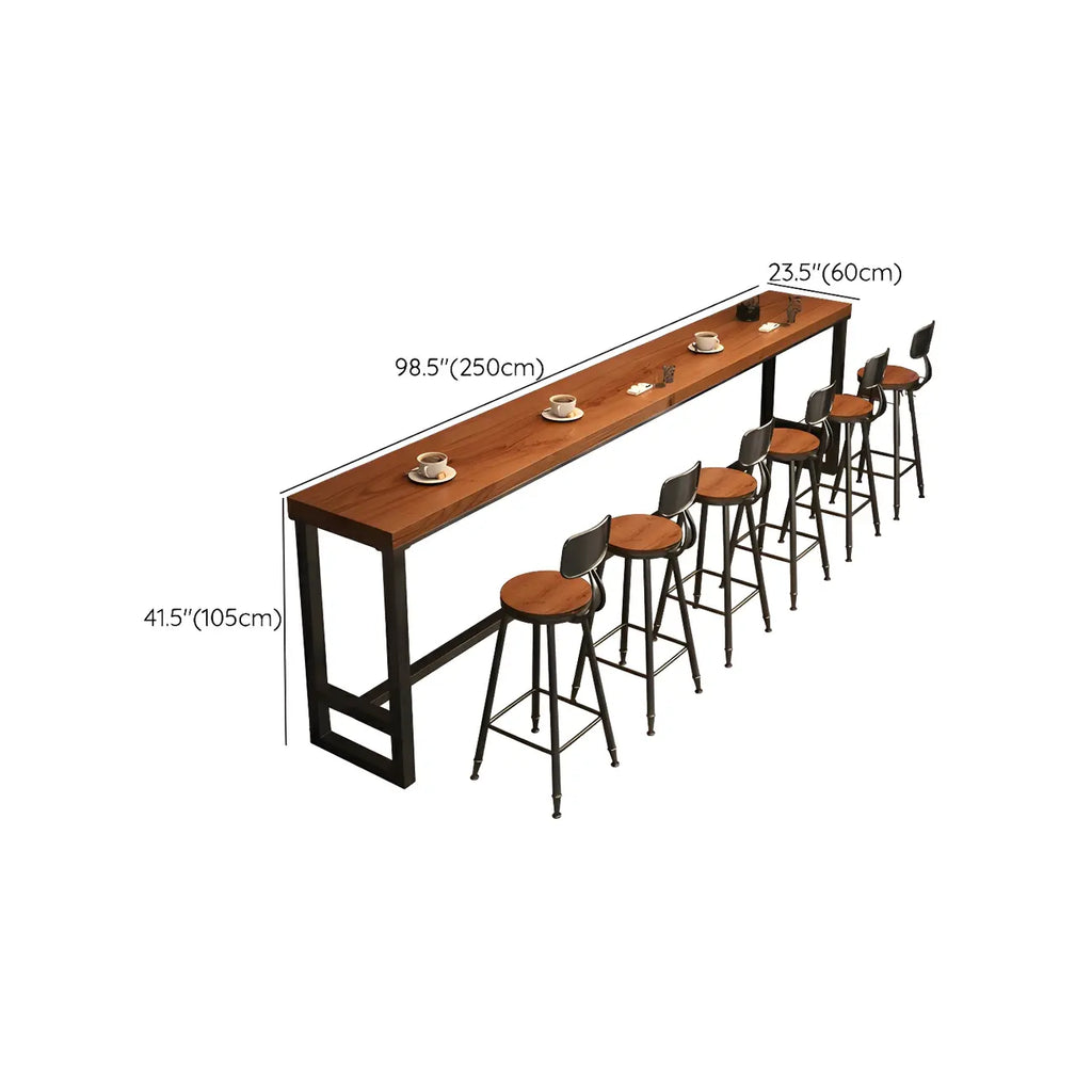 Table de bar rectangulaire en pin brun avec piètement en acier