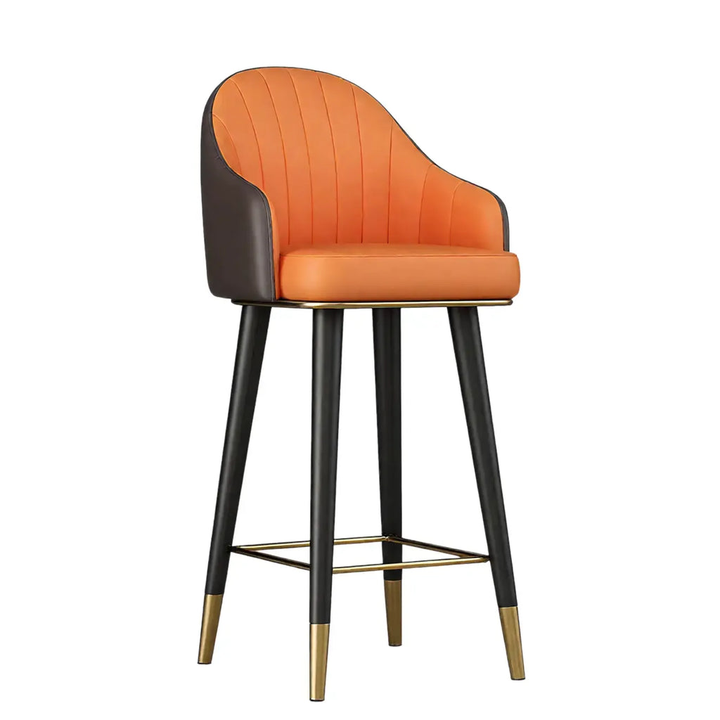 Tabouret de bar Art Déco en cuir orange avec dossier