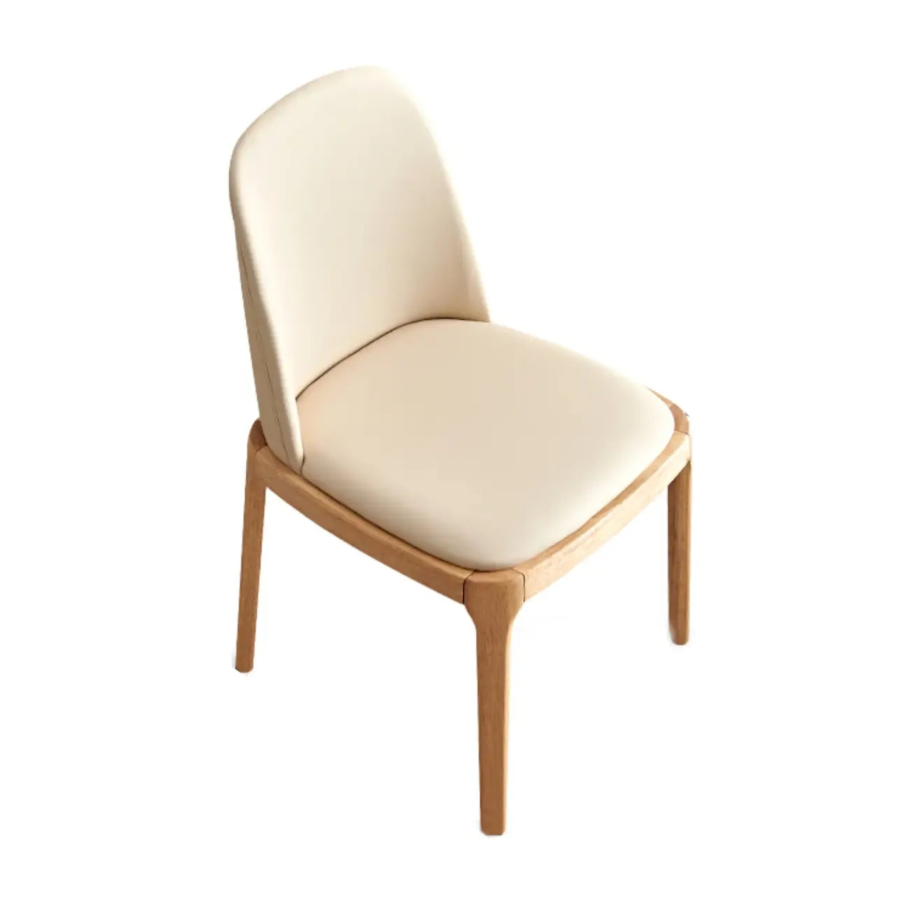 Chaise de salle à manger à dossier plein en bois crème et similicuir.