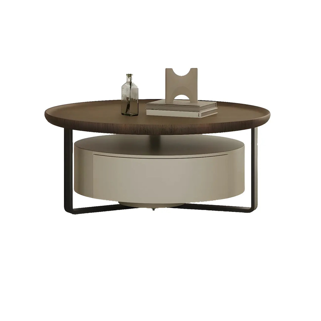 Table basse ronde moderne en bois brun et verre avec rangement