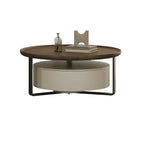 Table basse ronde moderne en bois brun et verre avec rangement