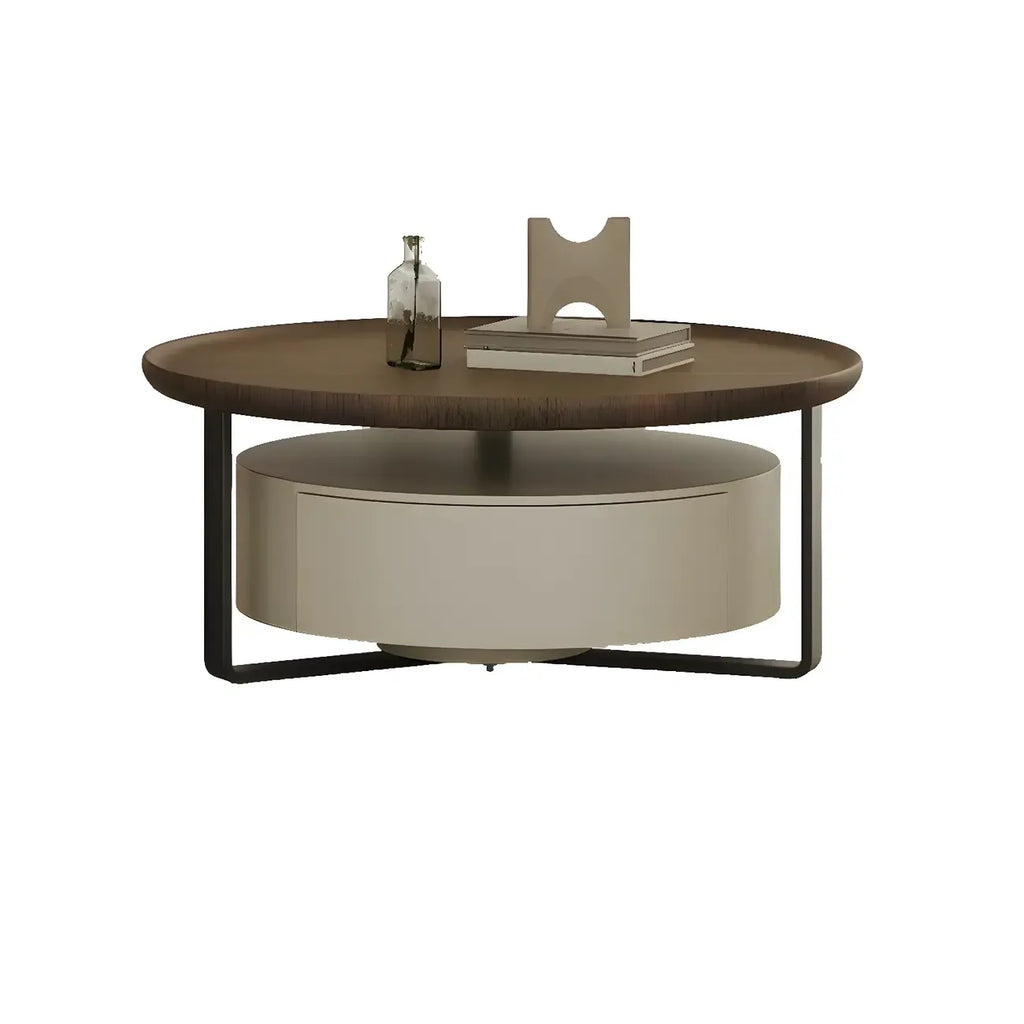 Table basse ronde moderne en bois brun et verre avec rangement
