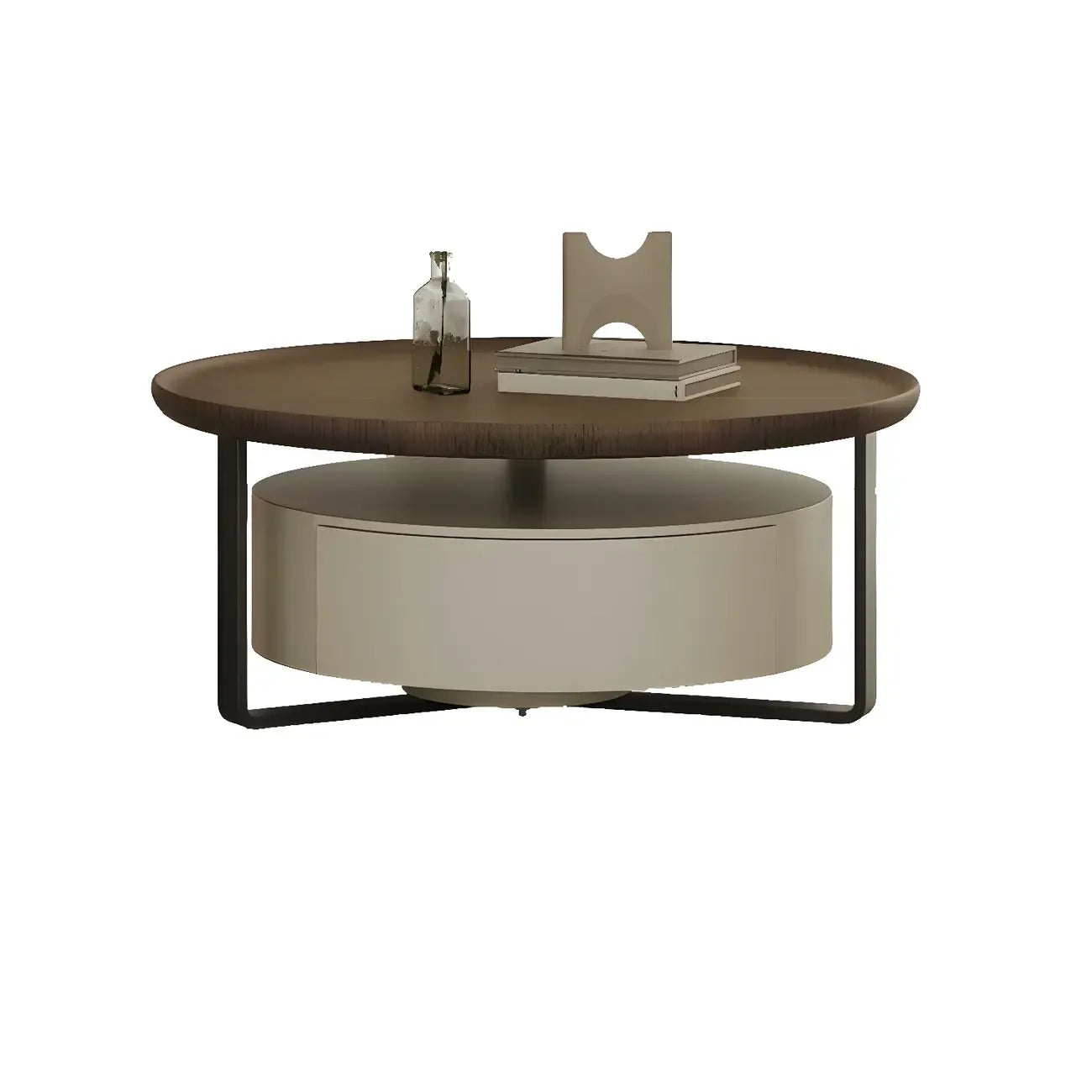 Table basse ronde moderne en bois brun et verre avec rangement