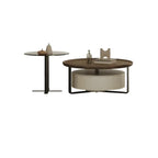 Table basse ronde moderne en bois brun et verre avec rangement