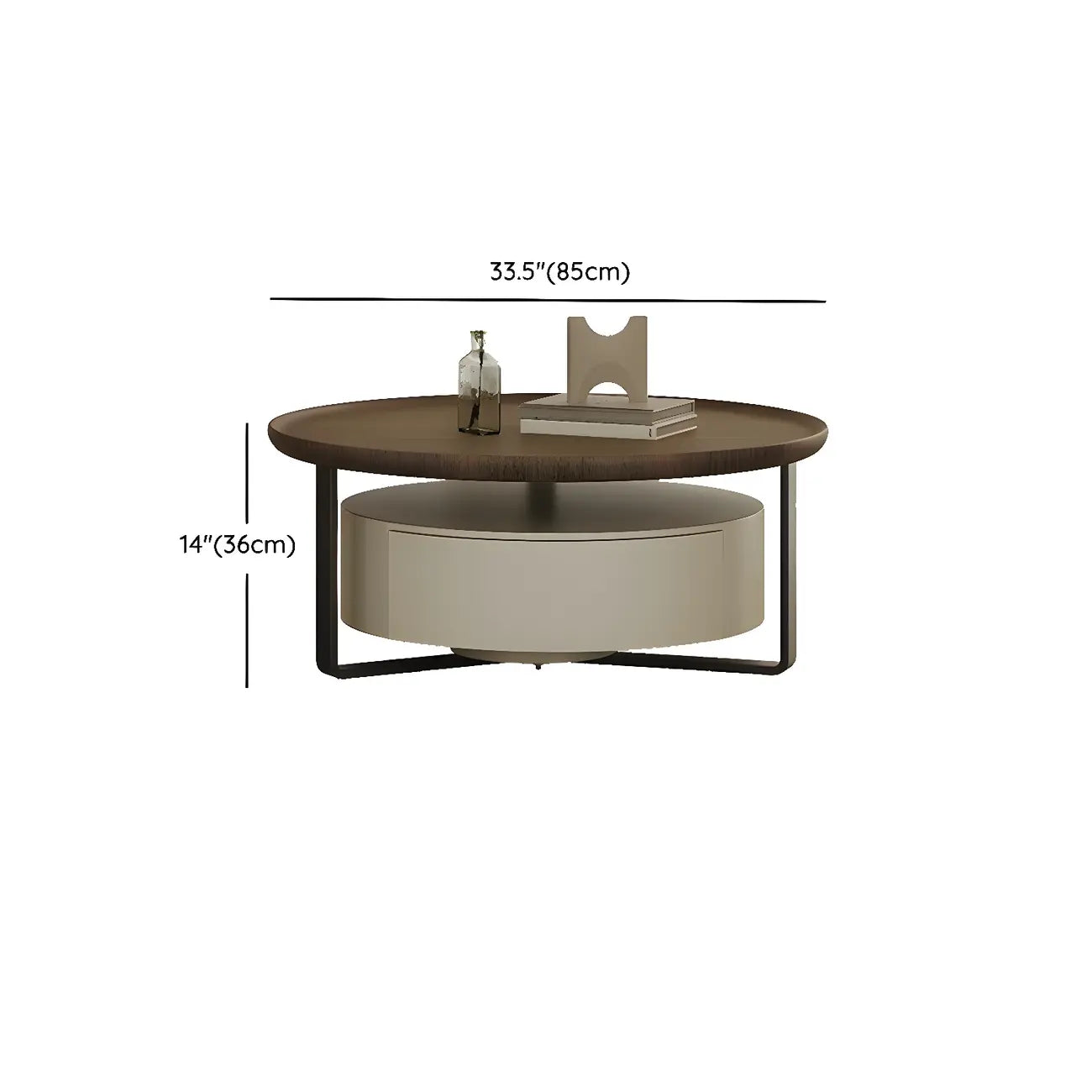 Table basse ronde moderne en bois brun et verre avec rangement
