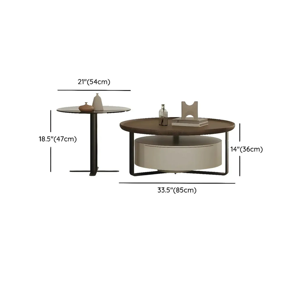 Table basse ronde moderne en bois brun et verre avec rangement