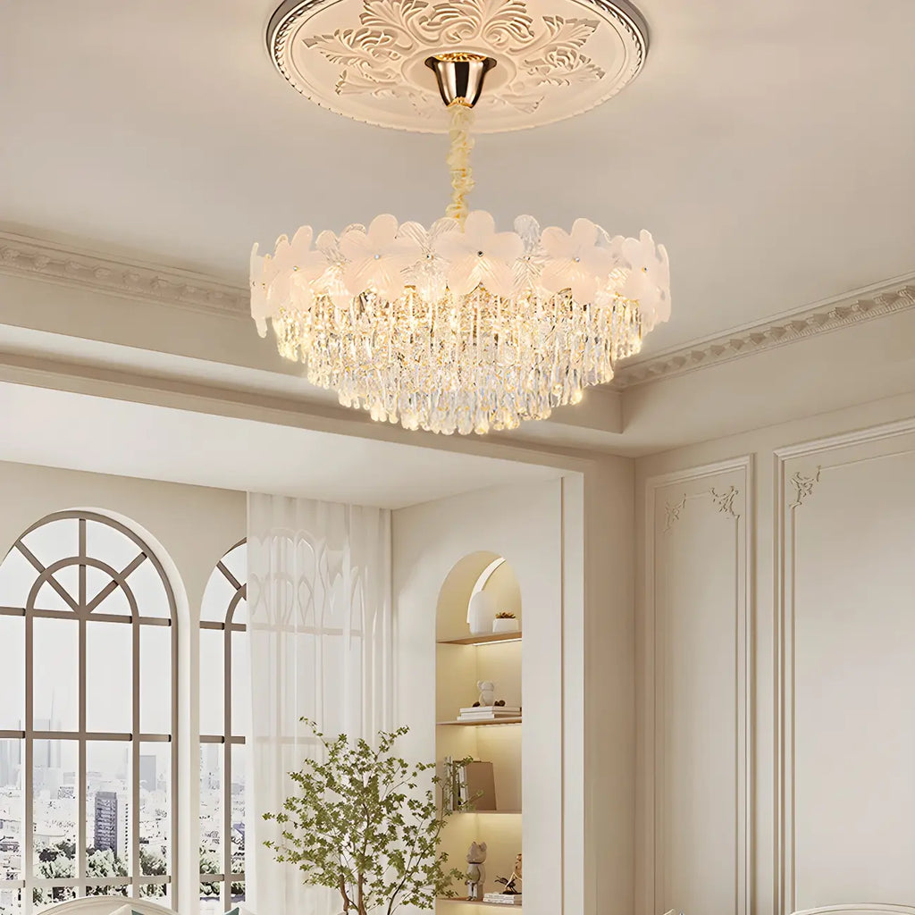 Lustre élégant en cristal à fleurs dorées avec LED pour salon
