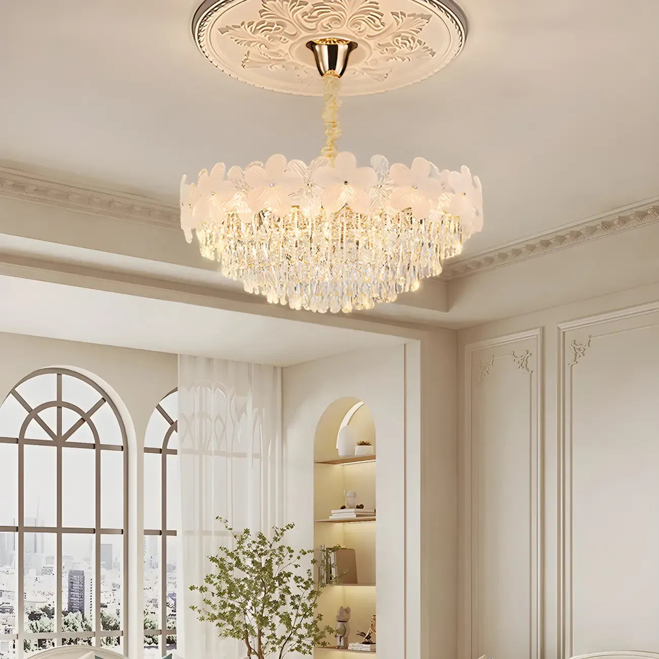 Lustre élégant en cristal à fleurs dorées avec LED pour salon