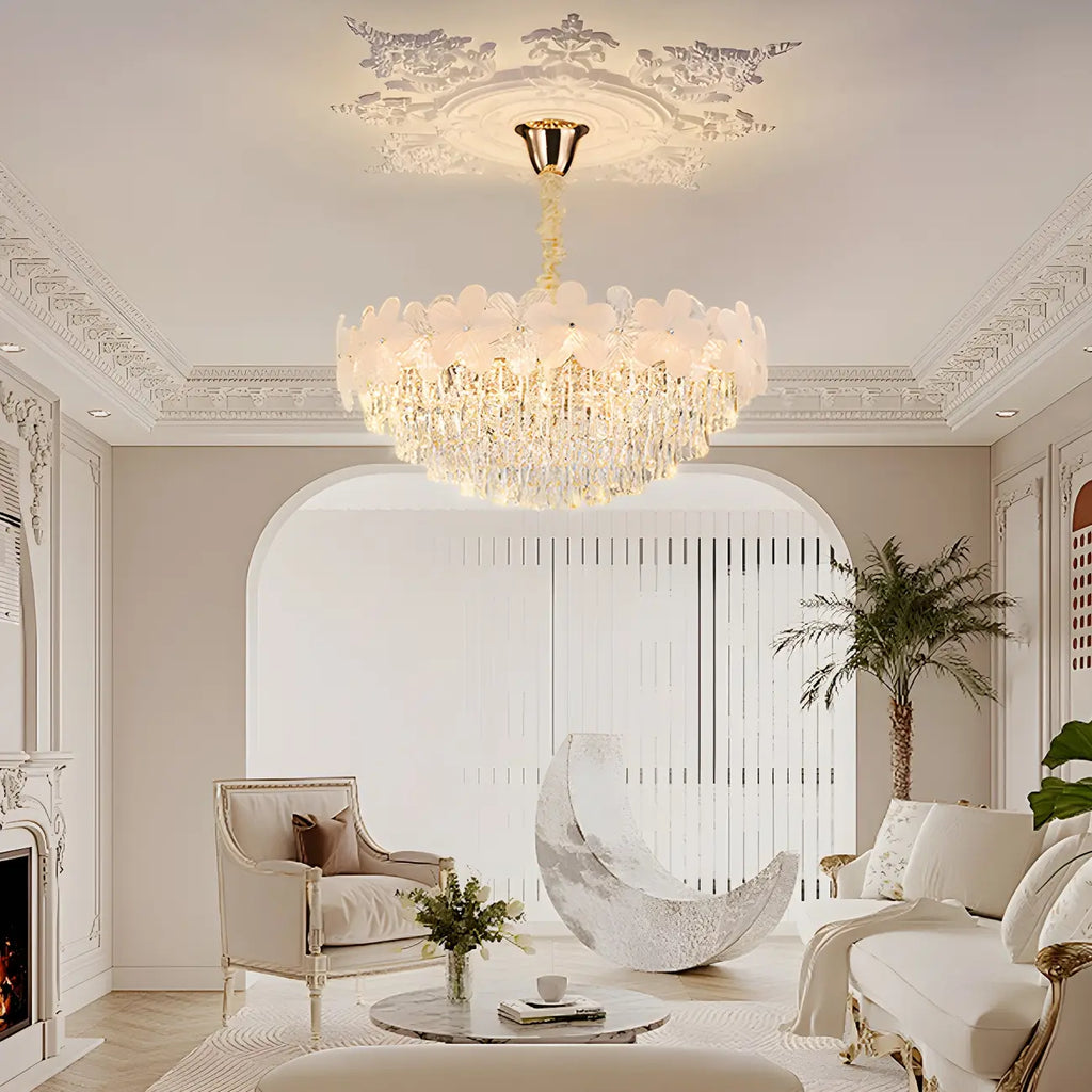Lustre élégant en cristal à fleurs dorées avec LED pour salon