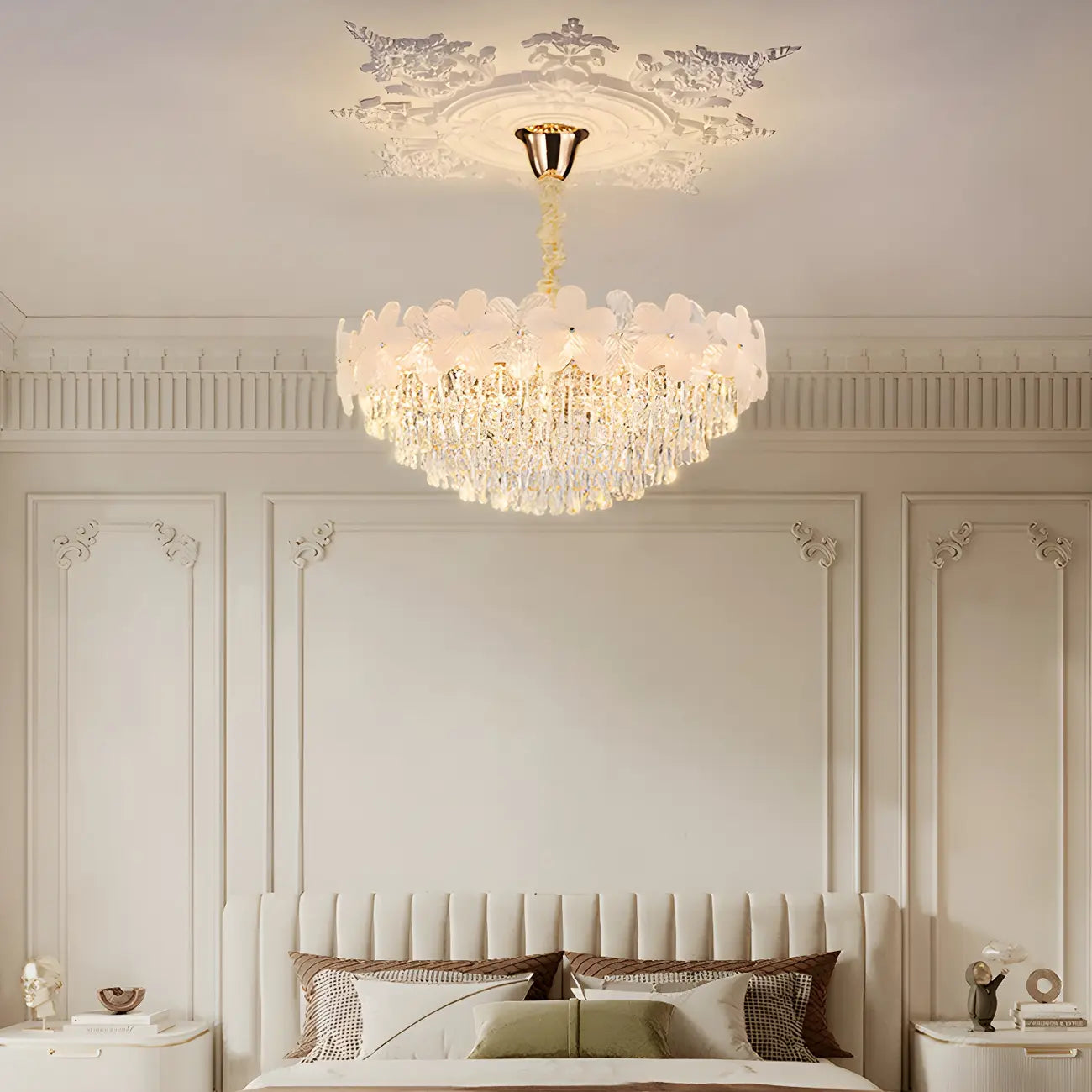Lustre élégant en cristal à fleurs dorées avec LED pour salon