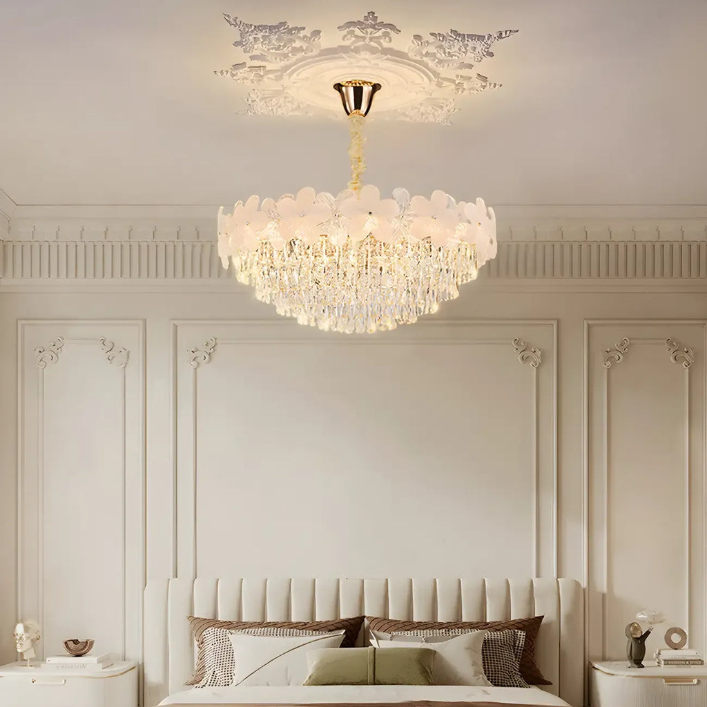 Lustre élégant en cristal à fleurs dorées avec LED pour salon