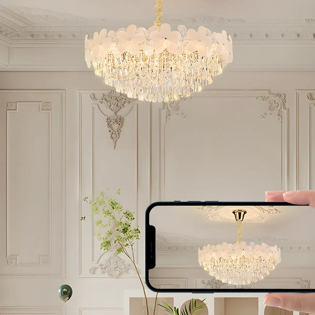 Lustre élégant en cristal à fleurs dorées avec LED pour salon