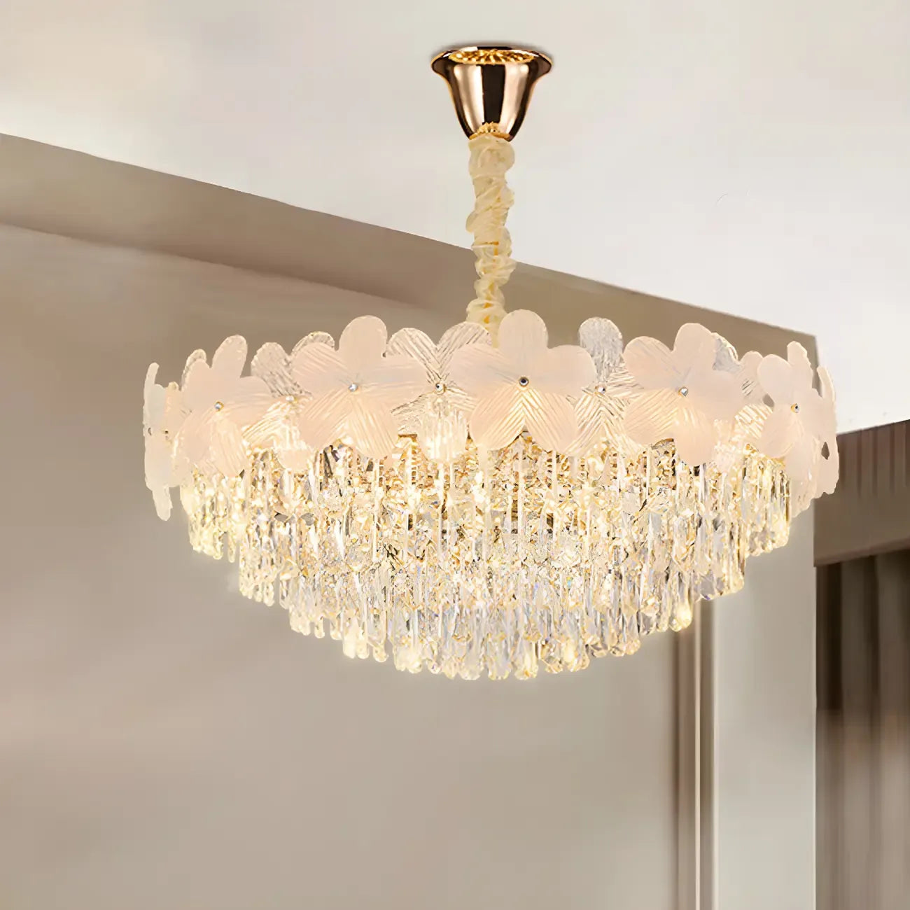 Lustre élégant en cristal à fleurs dorées avec LED pour salon