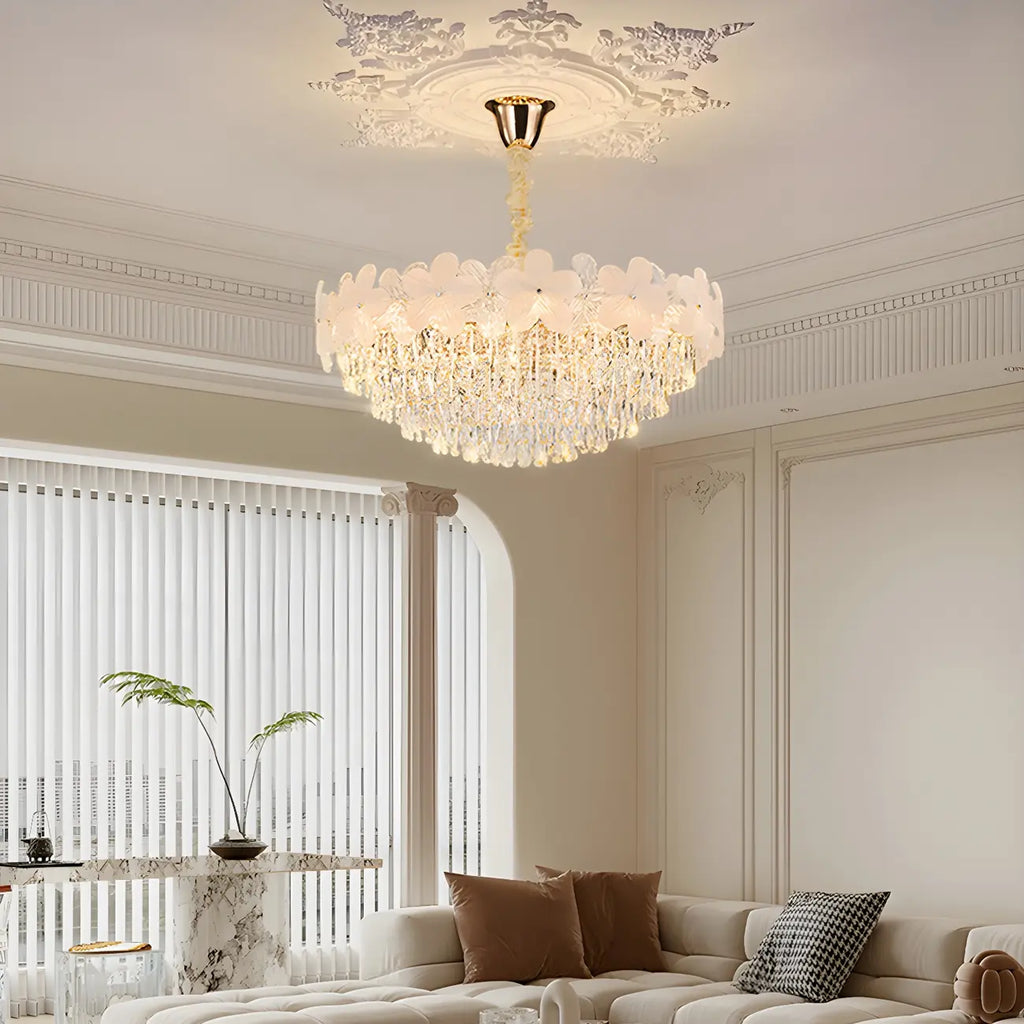 Lustre élégant en cristal à fleurs dorées avec LED pour salon