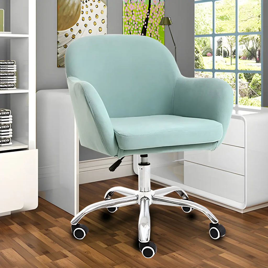 Chaise de bureau pivotante à dossier bas en tissu vert avec accoudoirs