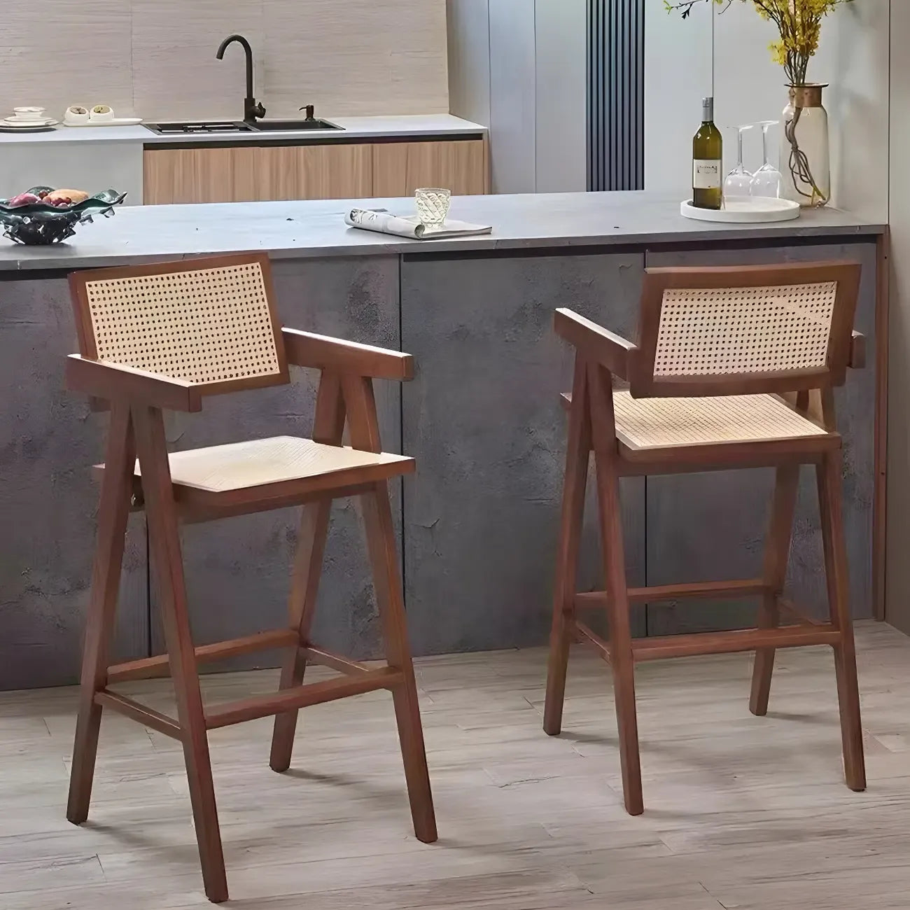Tabourets de bar carrés empilables en rotin style milieu du siècle