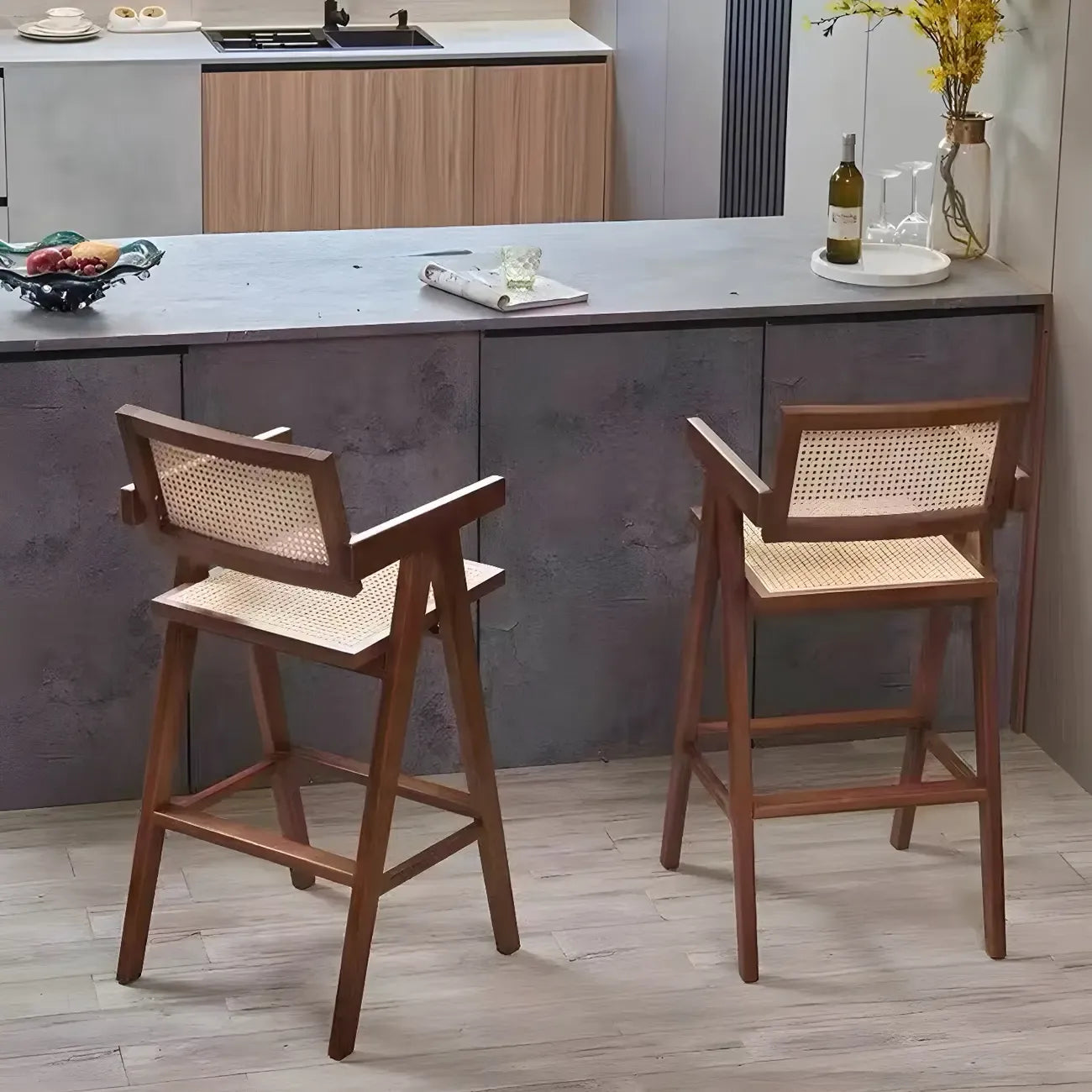 Tabourets de bar carrés empilables en rotin style milieu du siècle
