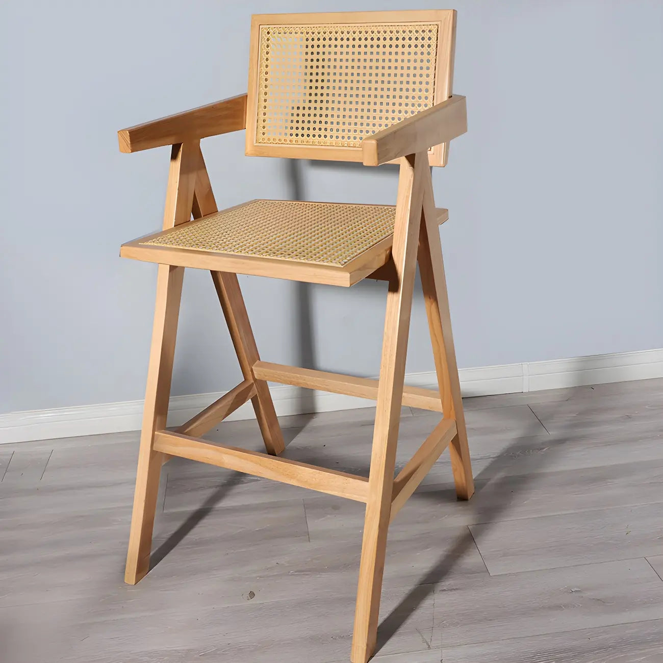 Tabourets de bar carrés empilables en rotin style milieu du siècle