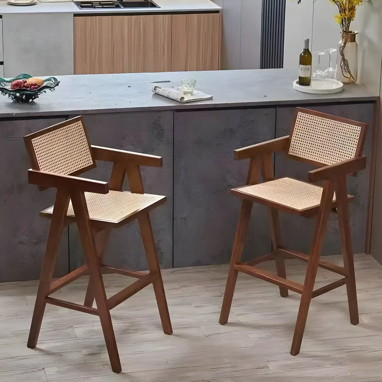 Tabourets de bar carrés empilables en rotin style milieu du siècle