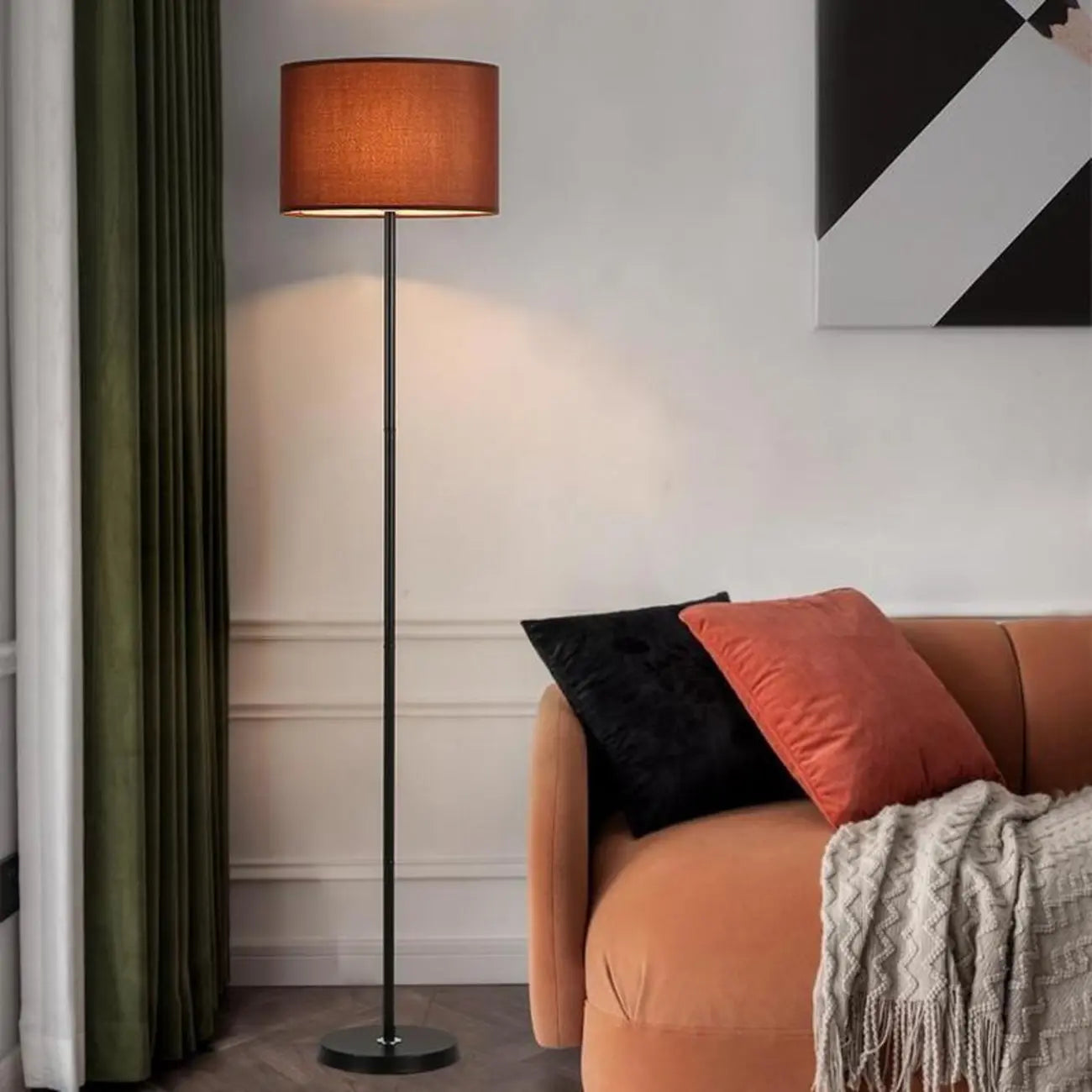 Lampada da terra 55 Modern Fabric Barrel in metallo nero