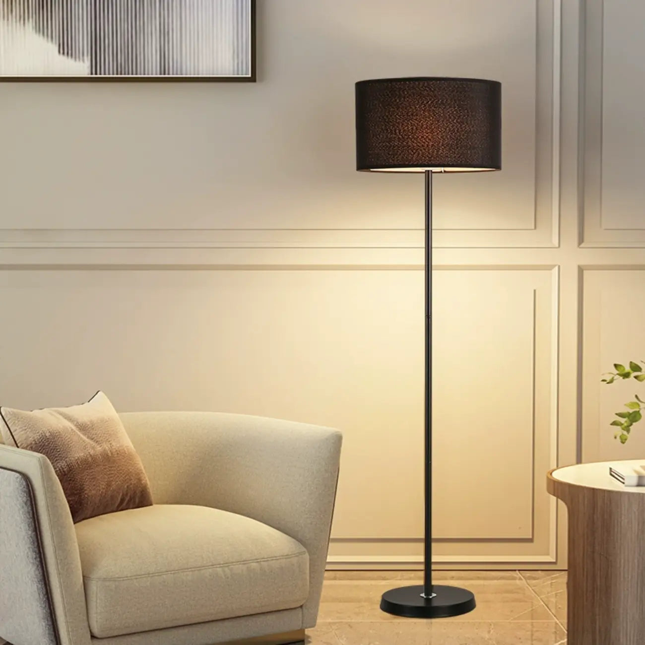 Lampada da terra 55 Modern Fabric Barrel in metallo nero