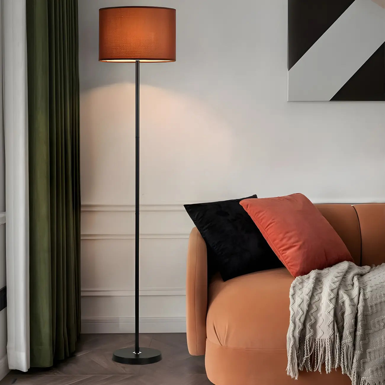 Lampada da terra 55 Modern Fabric Barrel in metallo nero