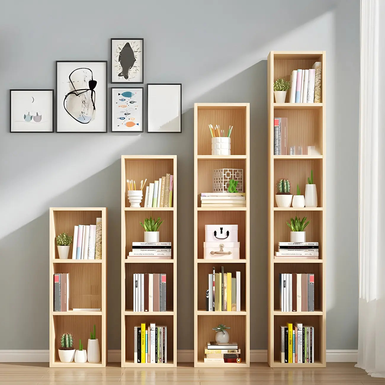 Bibliothèque verticale contemporaine en bois naturel à 5 ​​niveaux